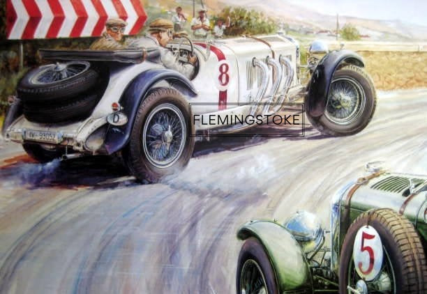 1930 Shelsley-Walsh Hill Climb - Mercedes SSK vs Bentley (60 x 33cm)