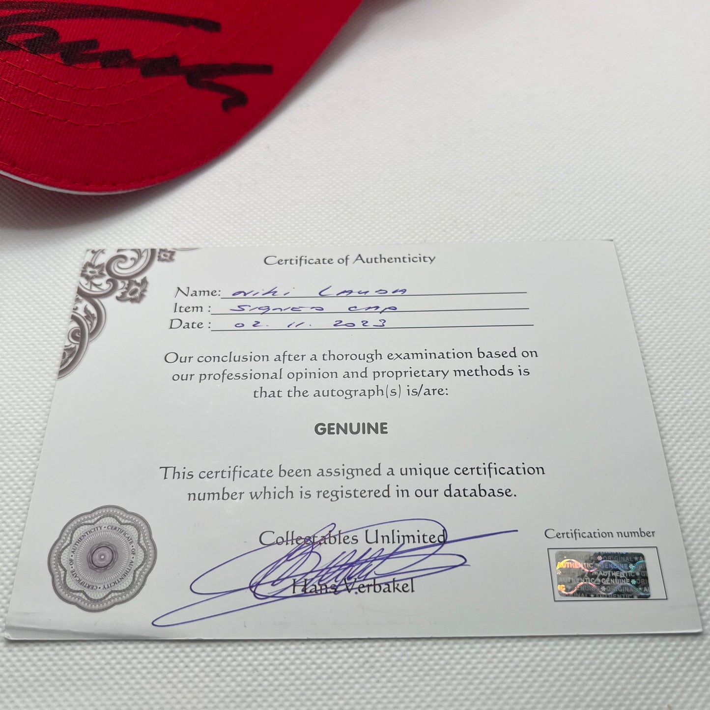 Ferrari Cap Signed By Niki Lauda (With Certificate of Authenticity)