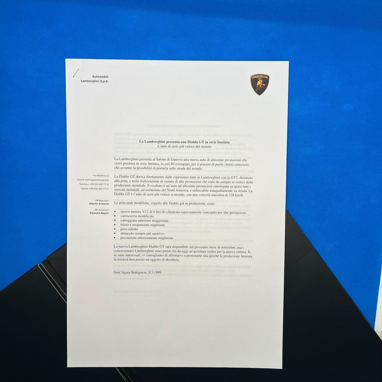 Lamborghini Diablo GT Full Press Kit (1999) Italian