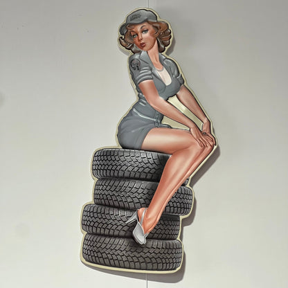 Pin-Up on Tires - Metal Wall Sign